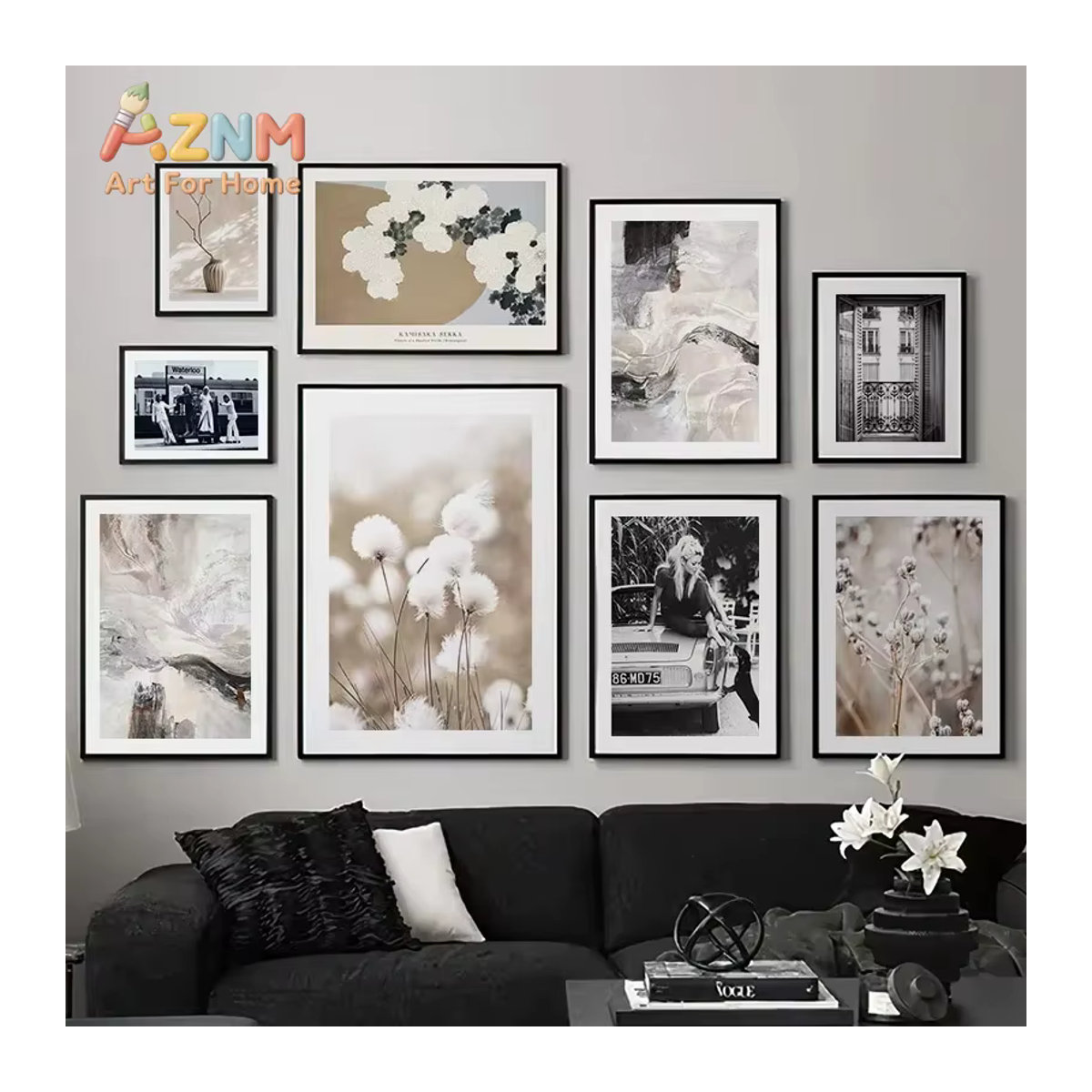 AZNM Wandkunst Leinwandgemälde mit floralem und abstraktem Geometrie-Druck in Beige und Weiß im Vintage-Stil - Bild 2
