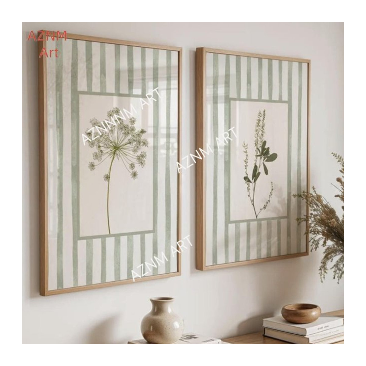 AZNM Wandkunst Leinwandgemälde mit Rahmen in Salbeigrün, Florales Motiv im Landhausstil, Hochformat - Bild 1