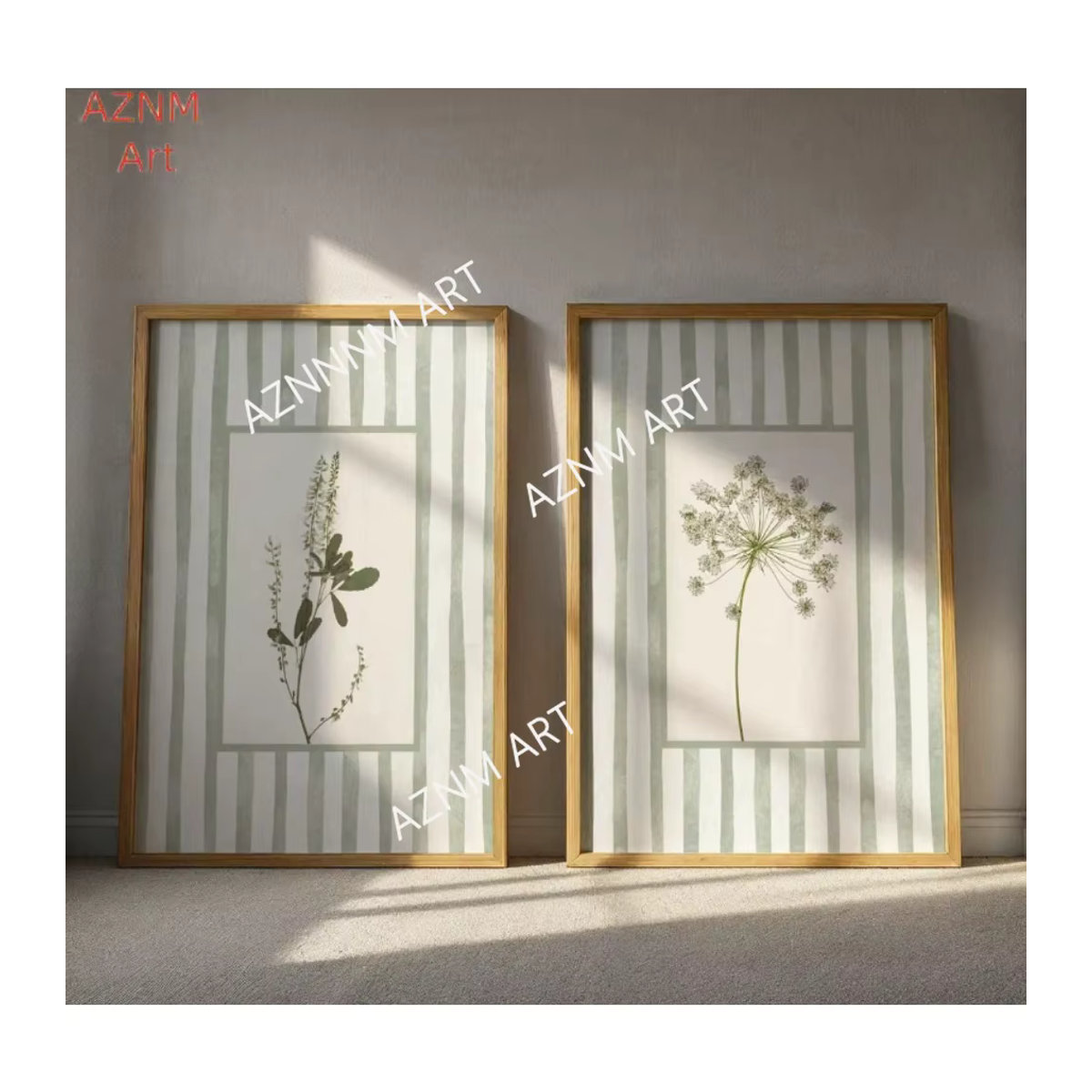 AZNM Wandkunst Leinwandgemälde mit Rahmen in Salbeigrün, Florales Motiv im Landhausstil, Hochformat - Bild 2