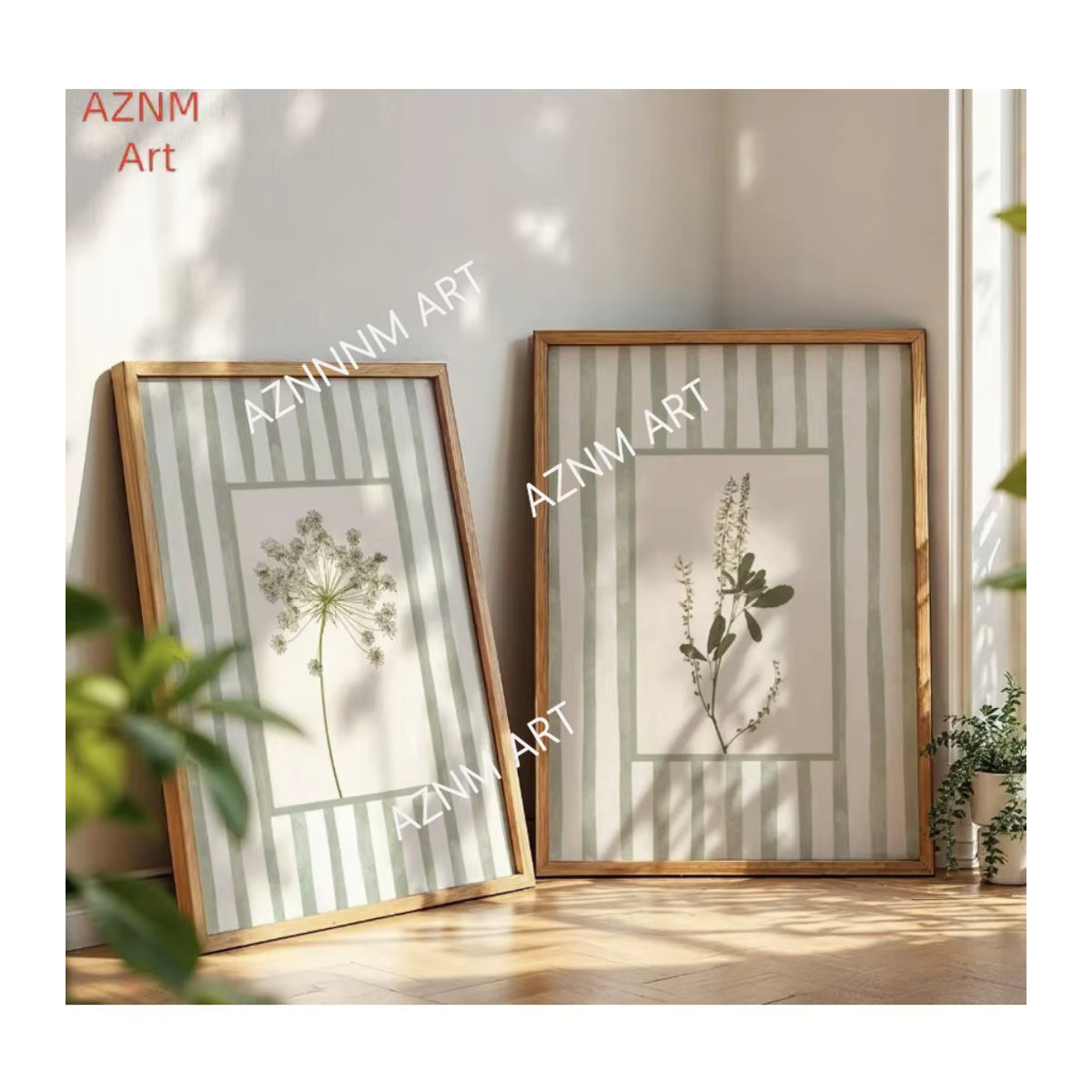 AZNM Wandkunst Leinwandgemälde mit Rahmen in Salbeigrün, Florales Motiv im Landhausstil, Hochformat - Bild 3