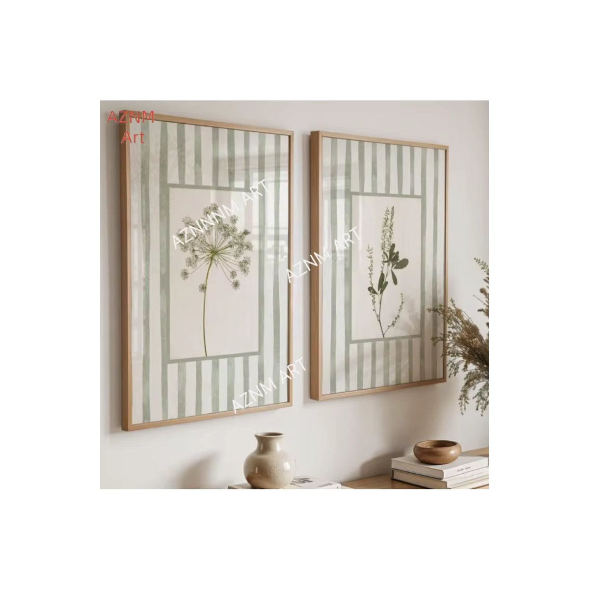 AZNM Wandkunst Leinwandgemälde mit Rahmen in Salbeigrün, Florales Motiv im Landhausstil, Hochformat - Bild 6