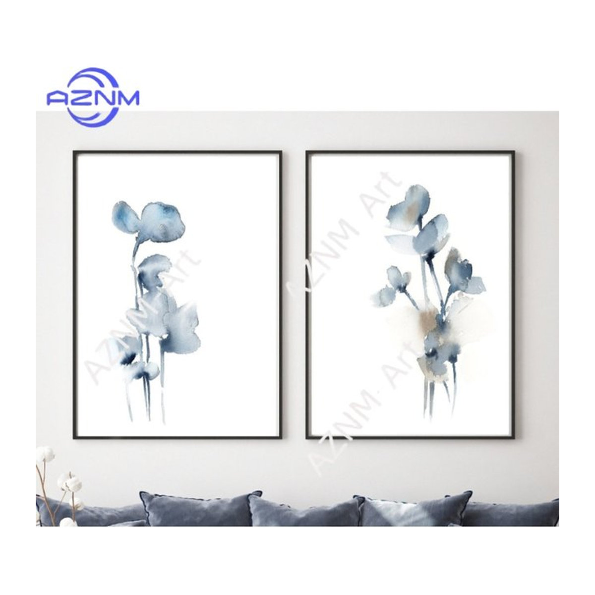 AZNM Wandkunst Set Minimalistische Abstrakte Blumen in Blau Skandinavischer Stil Aquarell-Gemälde aus Papier für die Wandmontage - Bild 1