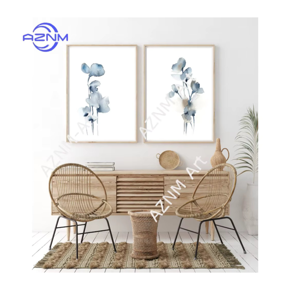 AZNM Wandkunst Set Minimalistische Abstrakte Blumen in Blau Skandinavischer Stil Aquarell-Gemälde aus Papier für die Wandmontage - Bild 2