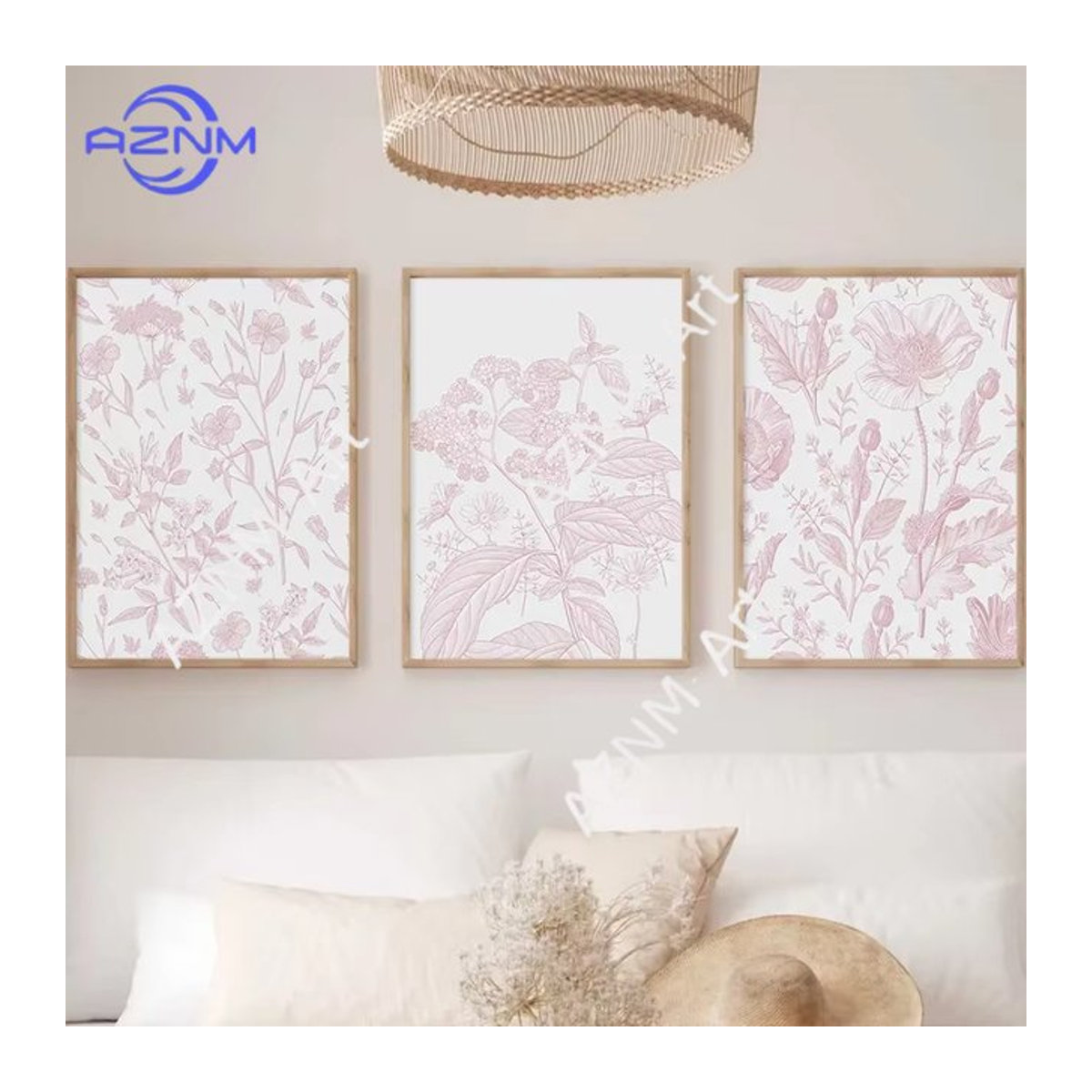 AZNM Wandkunst Set mit floralen Blumenmotiven in Hellrosa, minimalistische Leinwandmalerei im Hochformat für dein Zuhause - Bild 1