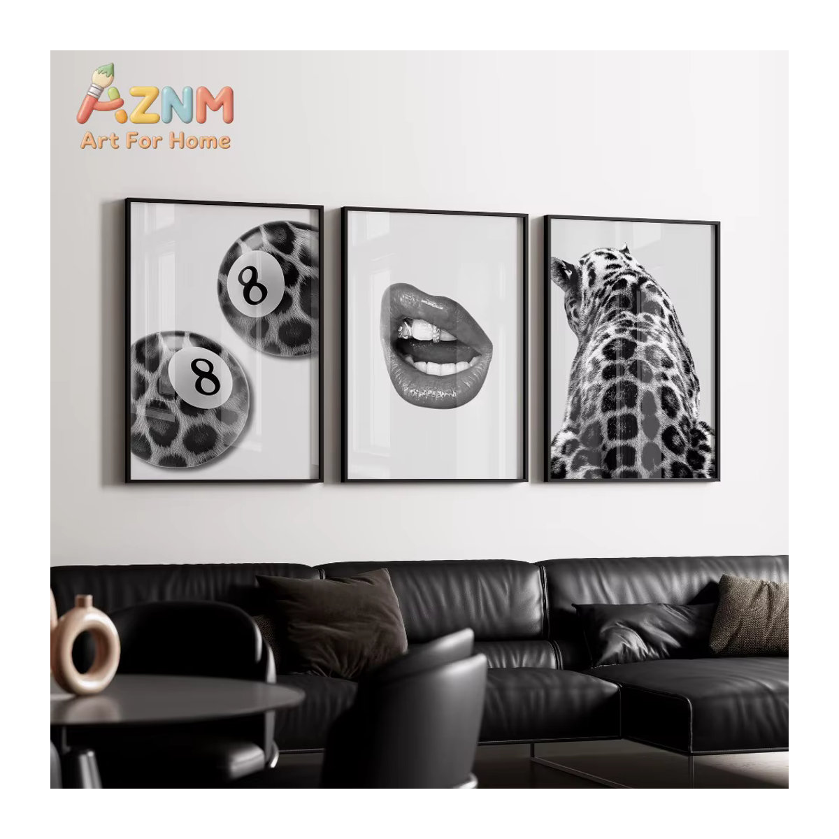 AZNM Y2K Leinwandbild mit Leopardenmuster und Lippen-Motiv in Schwarz-Weiß, Rahmenlos, Wandmontage - Bild 2