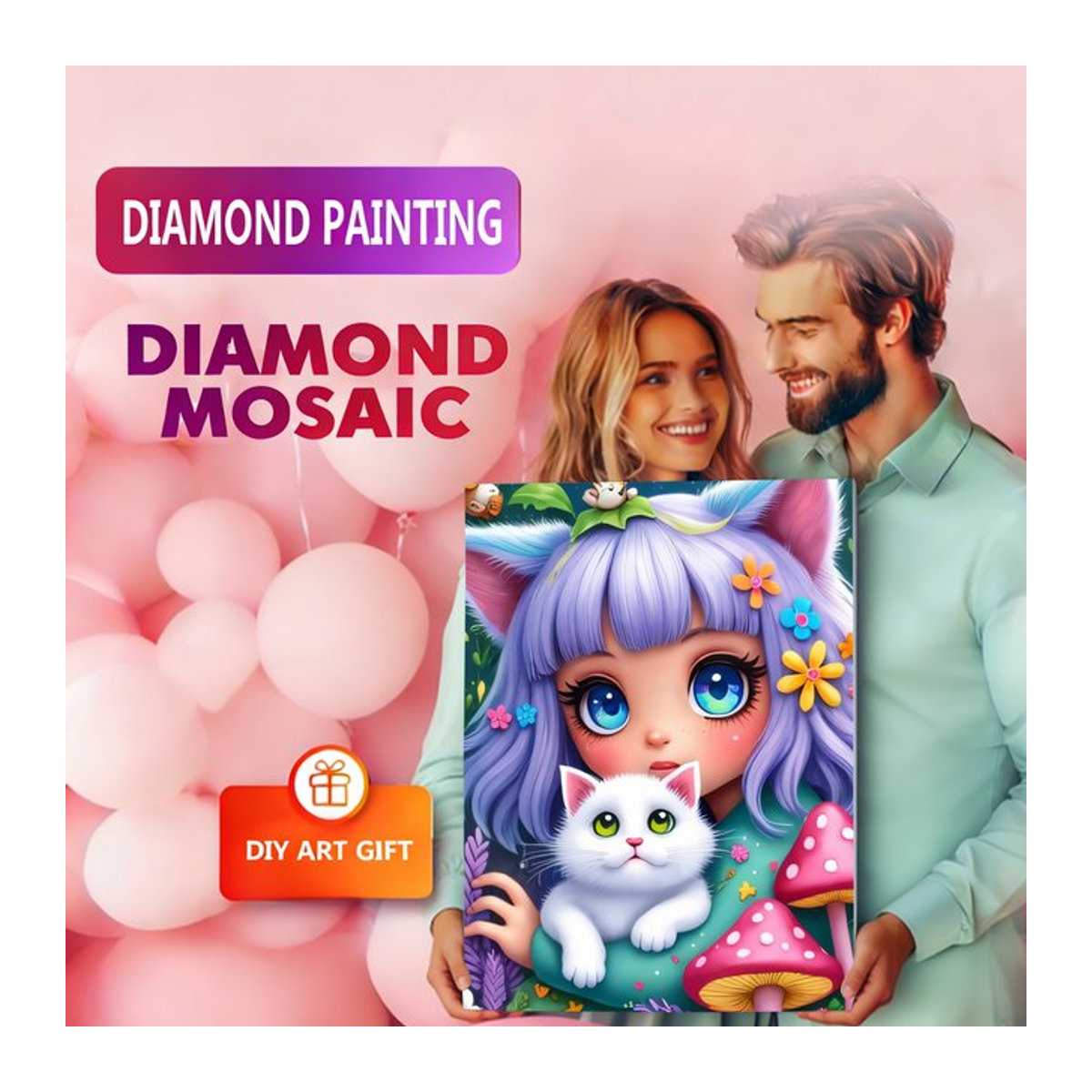 AZQSD 5D Diamantmalerei Set Mädchen Cartoon mit Katze und Pilzen, mehrfarbiges Mosaik-Strass-Kit für Kinder - Bild 1