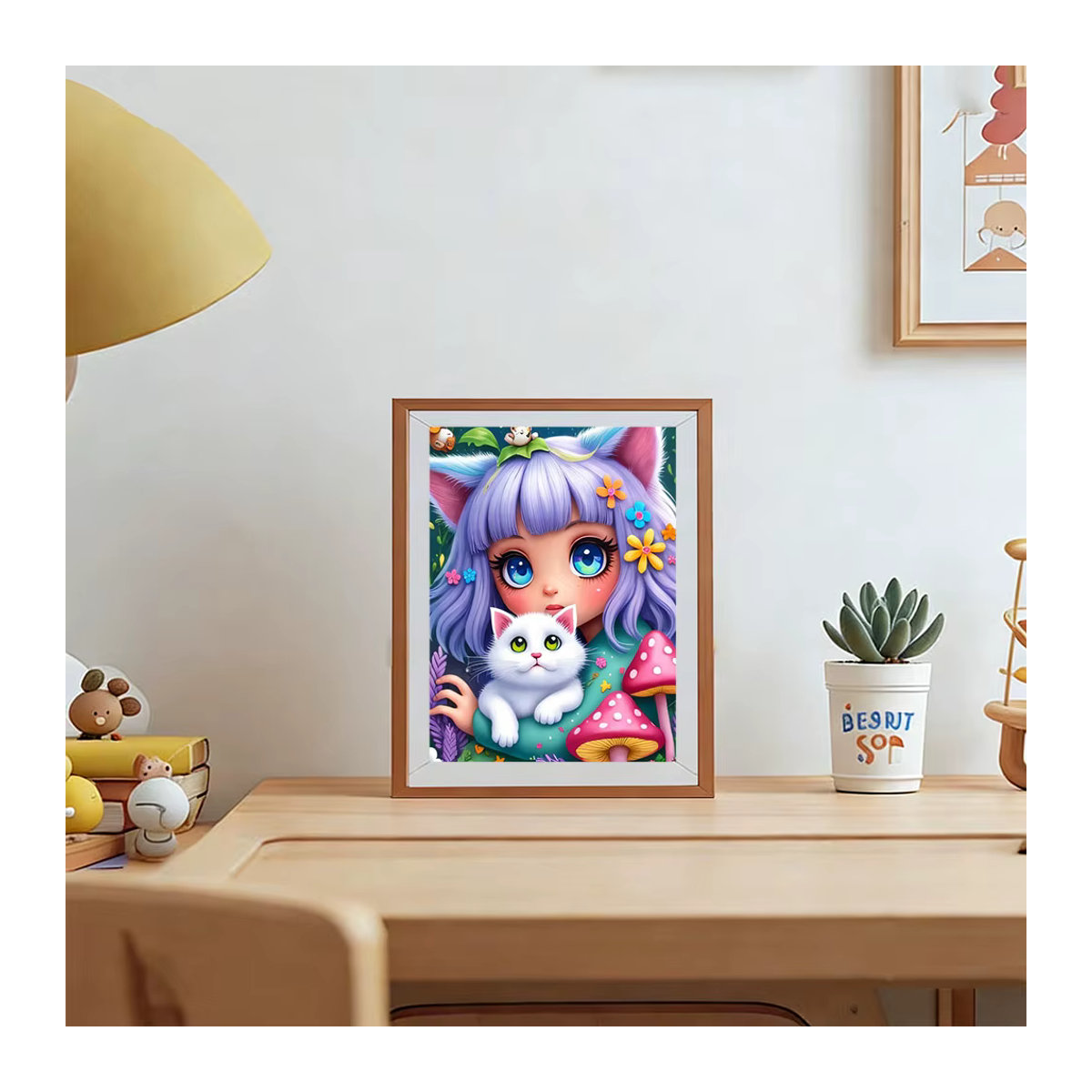 AZQSD 5D Diamantmalerei Set Mädchen Cartoon mit Katze und Pilzen, mehrfarbiges Mosaik-Strass-Kit für Kinder - Bild 3