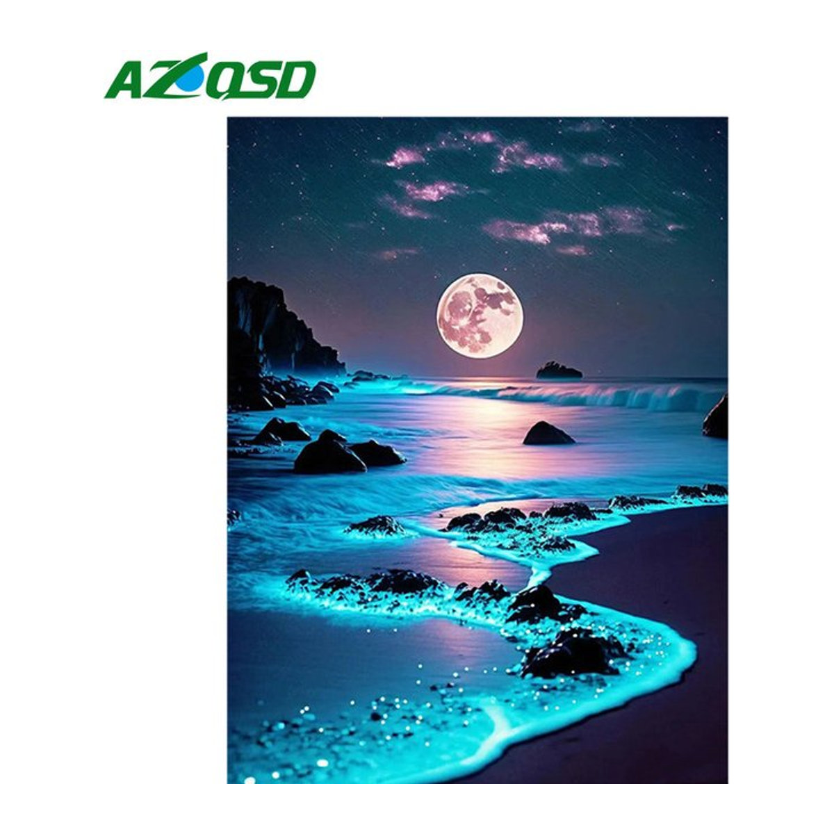 AZQSD Diamant-Gemälde Mond und Meer als abstrakte Nachtlandschaft in Blau mit runden Mosaik-Steinen zur Wandmontage - Bild 1