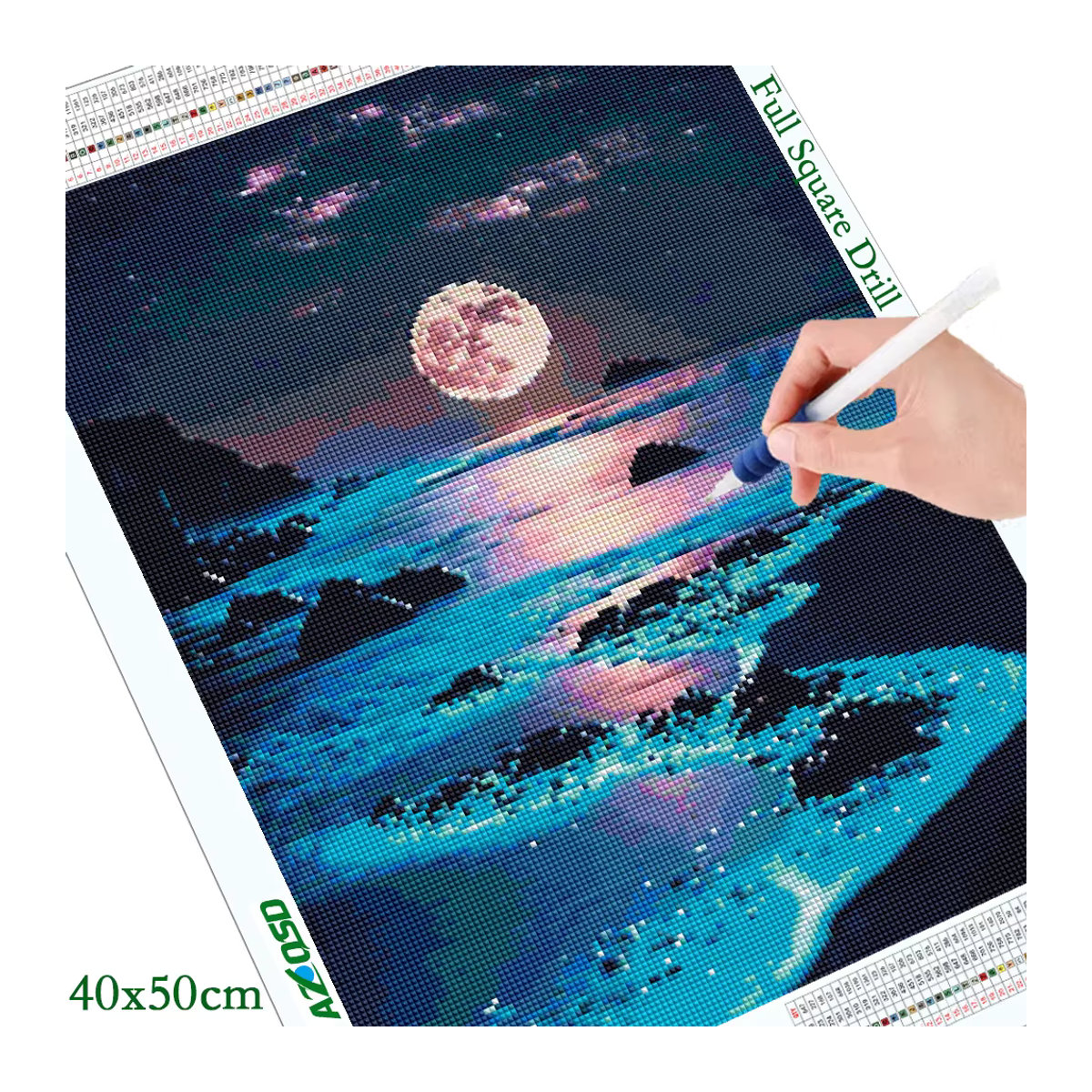 AZQSD Diamant-Gemälde Mond und Meer als abstrakte Nachtlandschaft in Blau mit runden Mosaik-Steinen zur Wandmontage - Bild 2