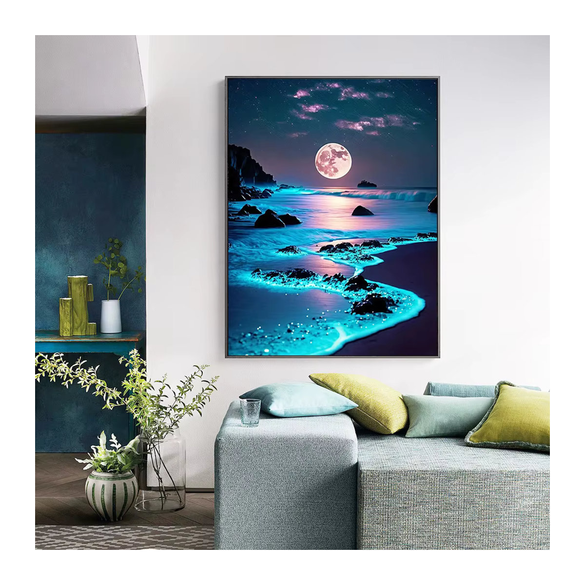 AZQSD Diamant-Gemälde Mond und Meer als abstrakte Nachtlandschaft in Blau mit runden Mosaik-Steinen zur Wandmontage - Bild 3