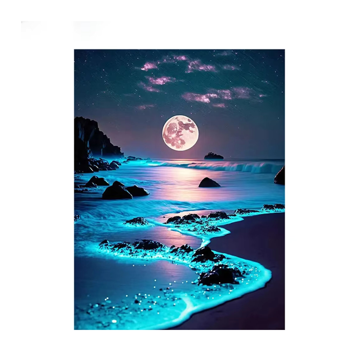 AZQSD Diamant-Gemälde Mond und Meer als abstrakte Nachtlandschaft in Blau mit runden Mosaik-Steinen zur Wandmontage - Bild 5
