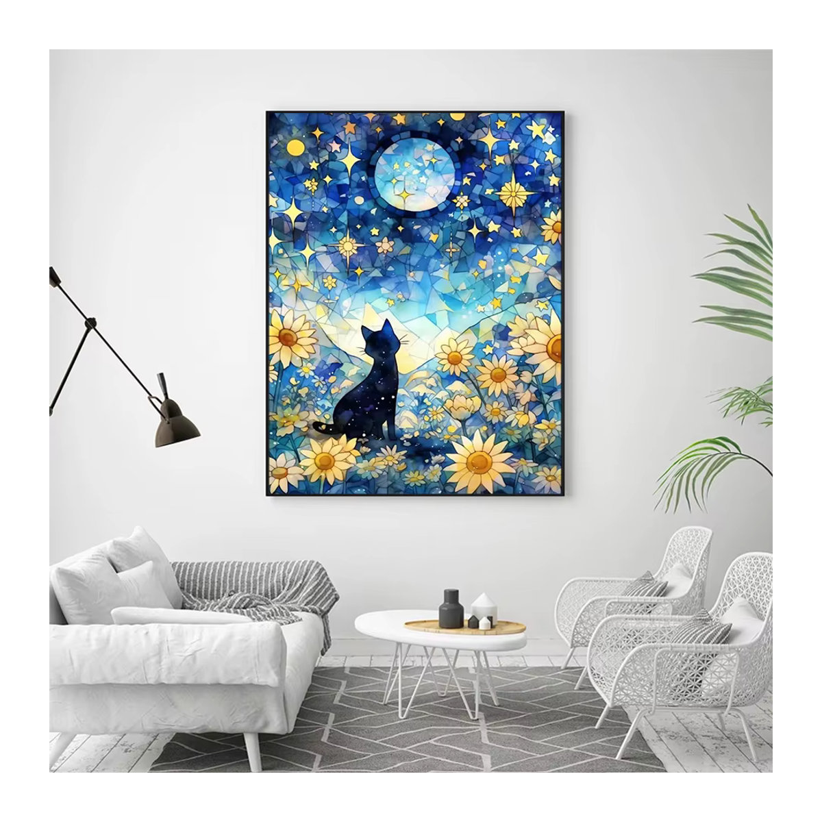 AZQSD Diamant-Malerei-Set mit Katze und Sonnenblume, 5D-DIY Mosaik-Bild mit Strasssteinen, mehrfarbig, wandmontiert - Bild 3