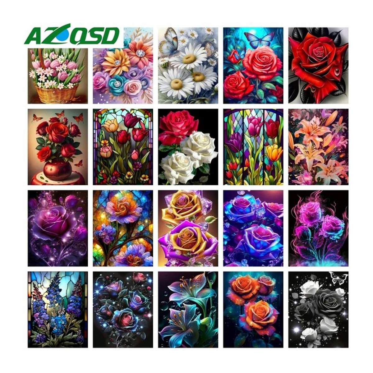 Azqsd Diamantmalerei Baum Landschaft als Wandmontage mit mehrfarbigen floralen Motiven und runden Strasssteinen - Bild 1