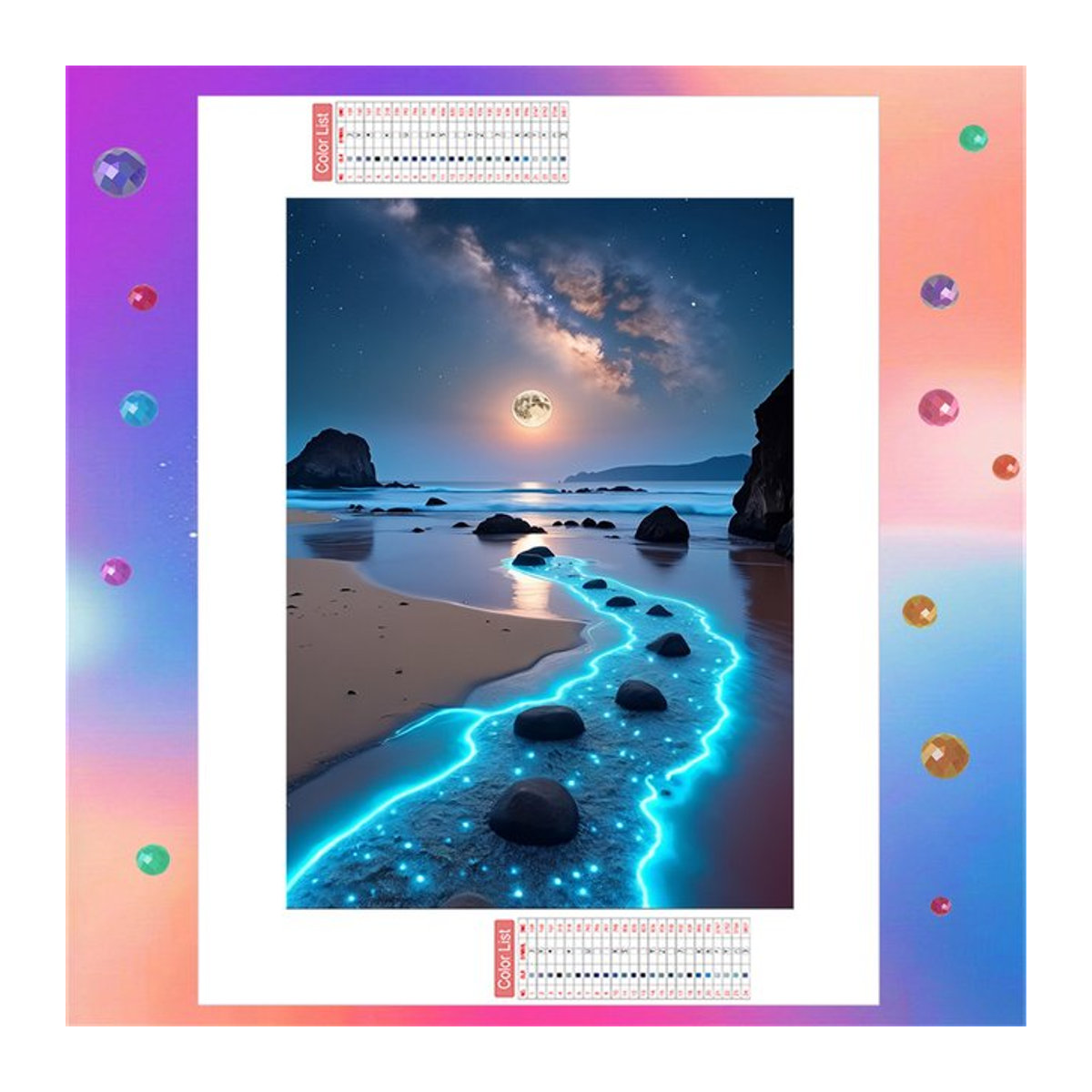 AZQSD Diamantmalerei-Set Mondlicht-Strand in Blau, leuchtende Kunst-Leinwand mit runden Diamanten zur Wandmontage - Bild 1