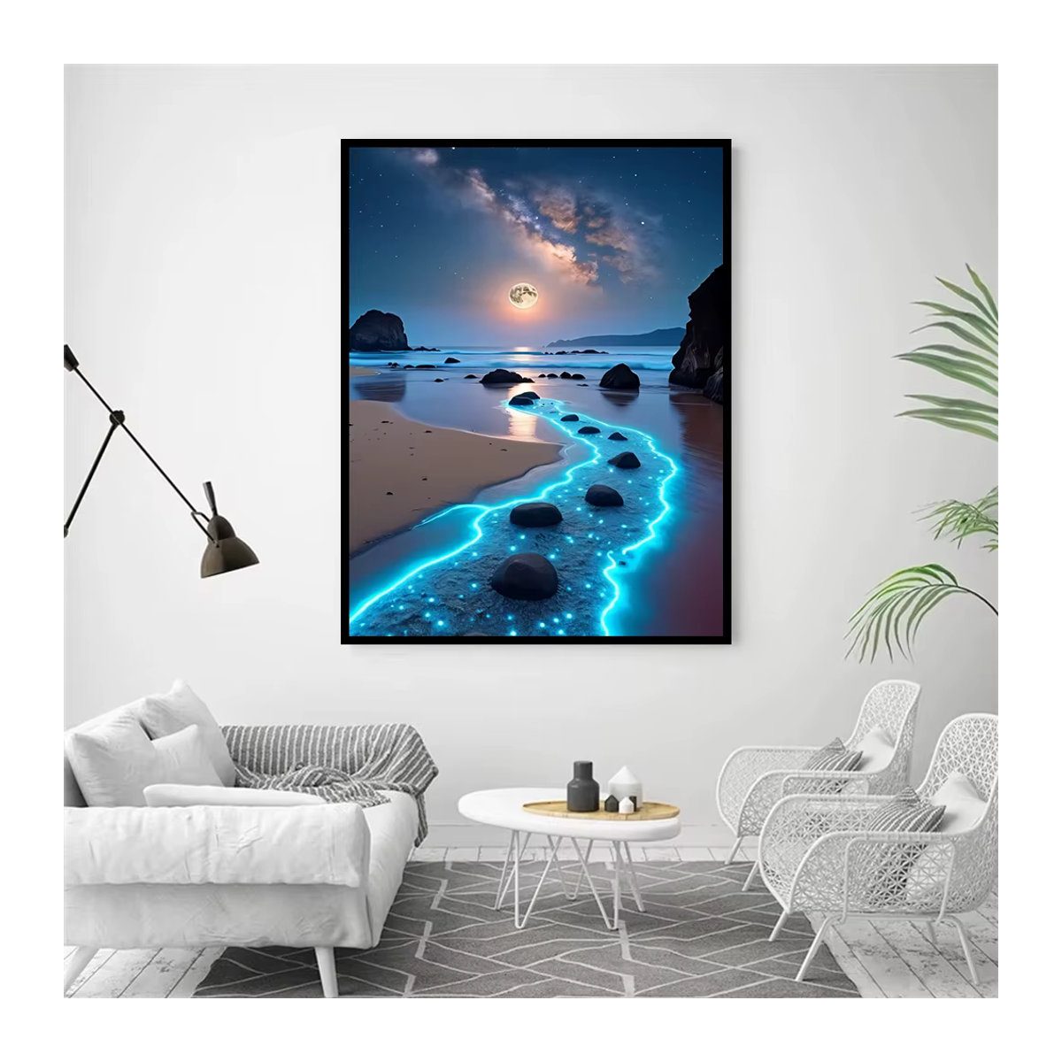 AZQSD Diamantmalerei-Set Mondlicht-Strand in Blau, leuchtende Kunst-Leinwand mit runden Diamanten zur Wandmontage - Bild 3