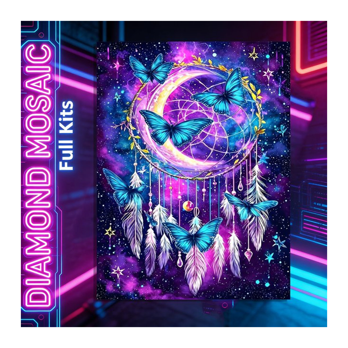 AZQSD Diamond Painting Set Traumfänger Landschaft mit Schmetterling in Bohemian Design, 5D DIY Mosaik mit Rundbohrern, mehrfarbig - Bild 1