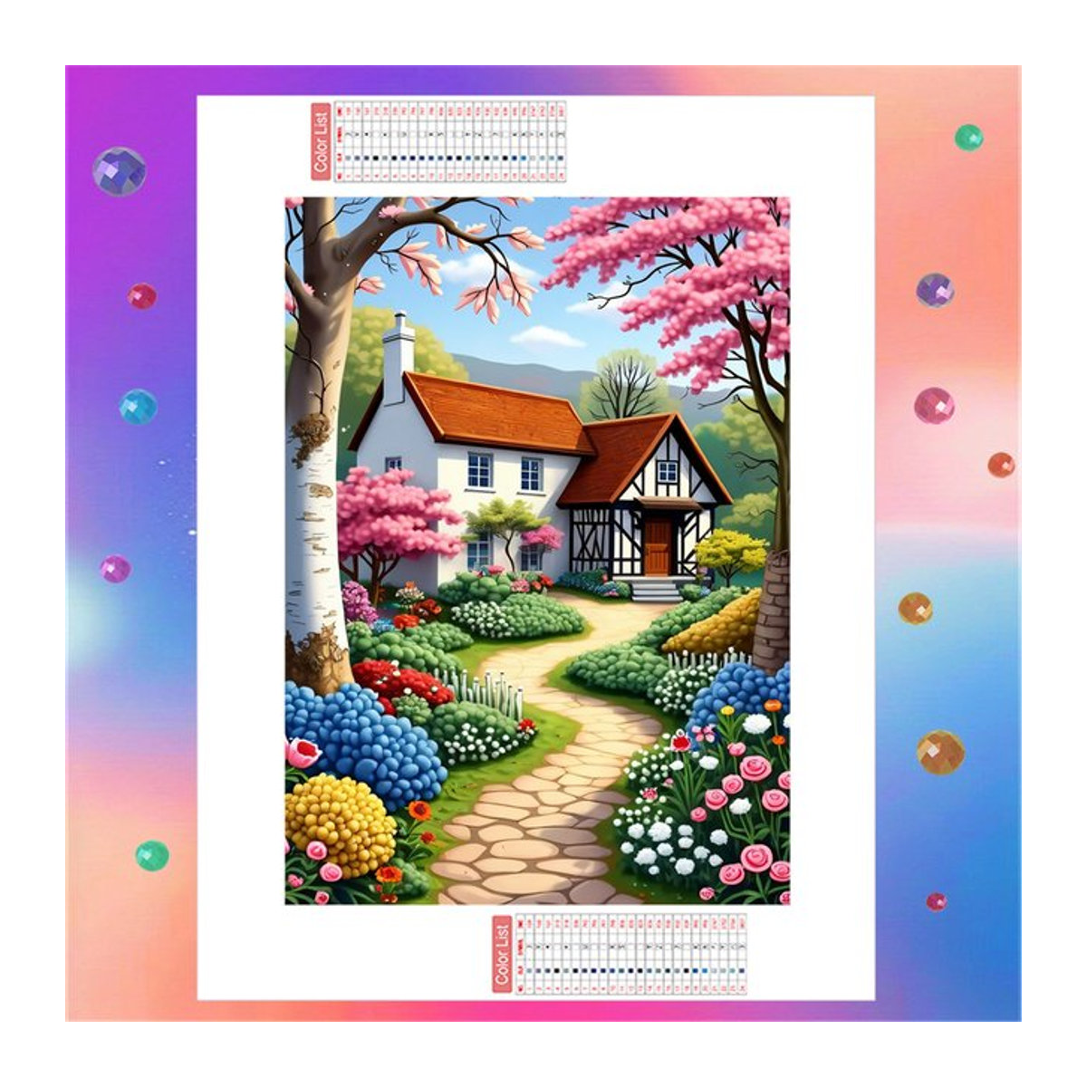 AZQSD DIY-Diamant-Malerei-Set Landhaus-Landschaft mit Blumen und Weg, mehrfarbig, Wanddekoration mit runden Diamanten - Bild 1