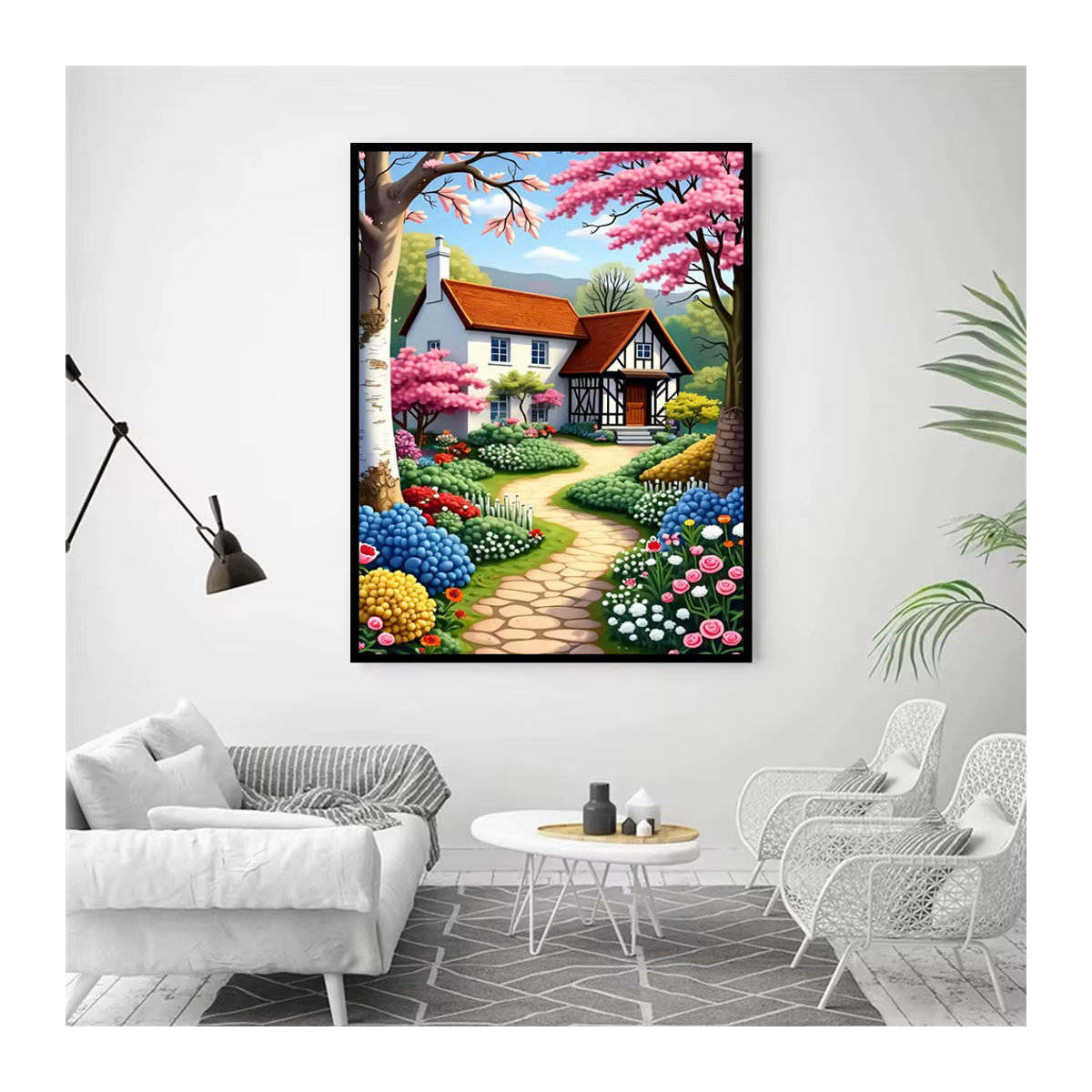 AZQSD DIY-Diamant-Malerei-Set Landhaus-Landschaft mit Blumen und Weg, mehrfarbig, Wanddekoration mit runden Diamanten - Bild 3