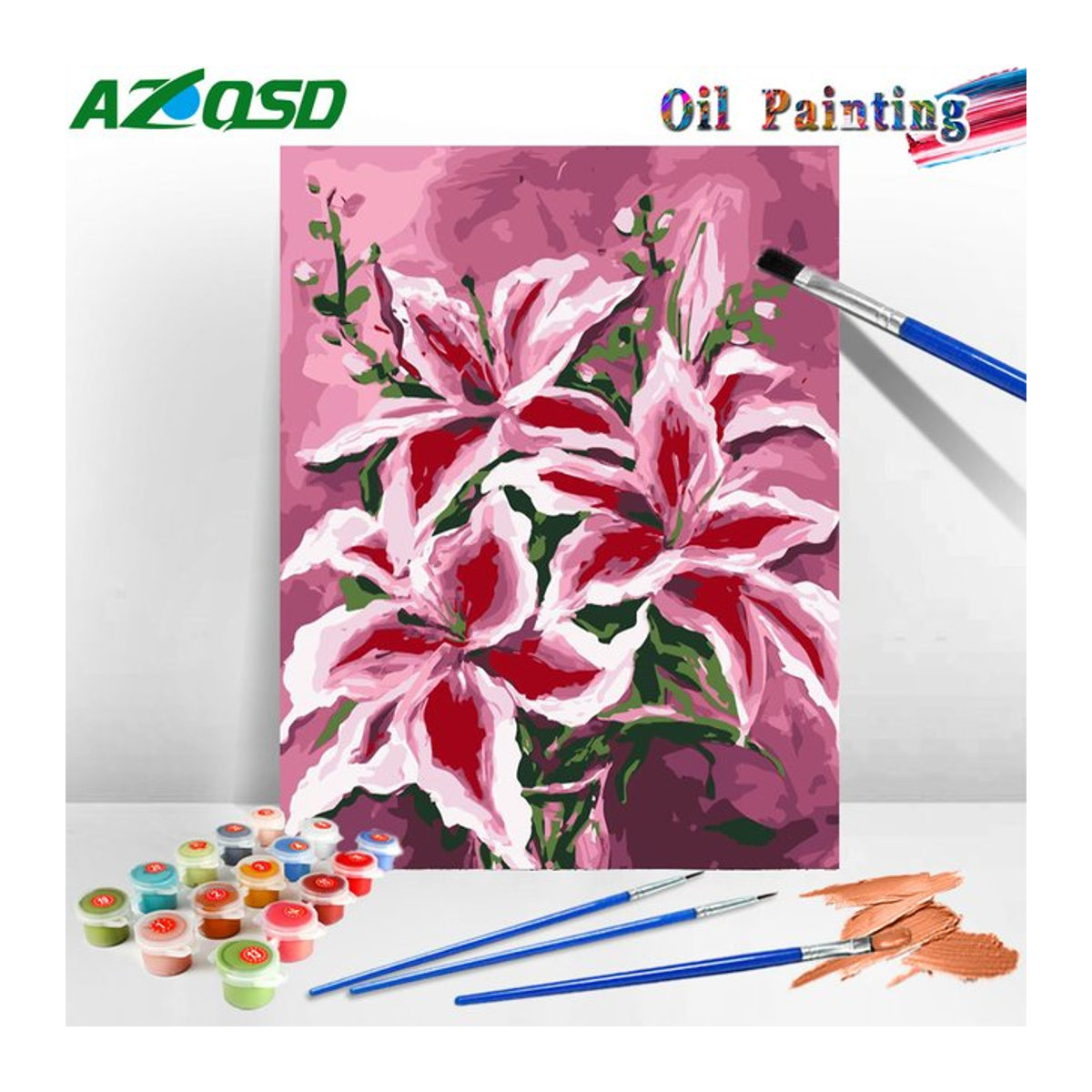 Azqsd Malen nach Zahlen für Kinder Lilie Blume auf Leinwand, Rosa, Hochformat, B: 30 cm, H: 20 cm - Bild 1