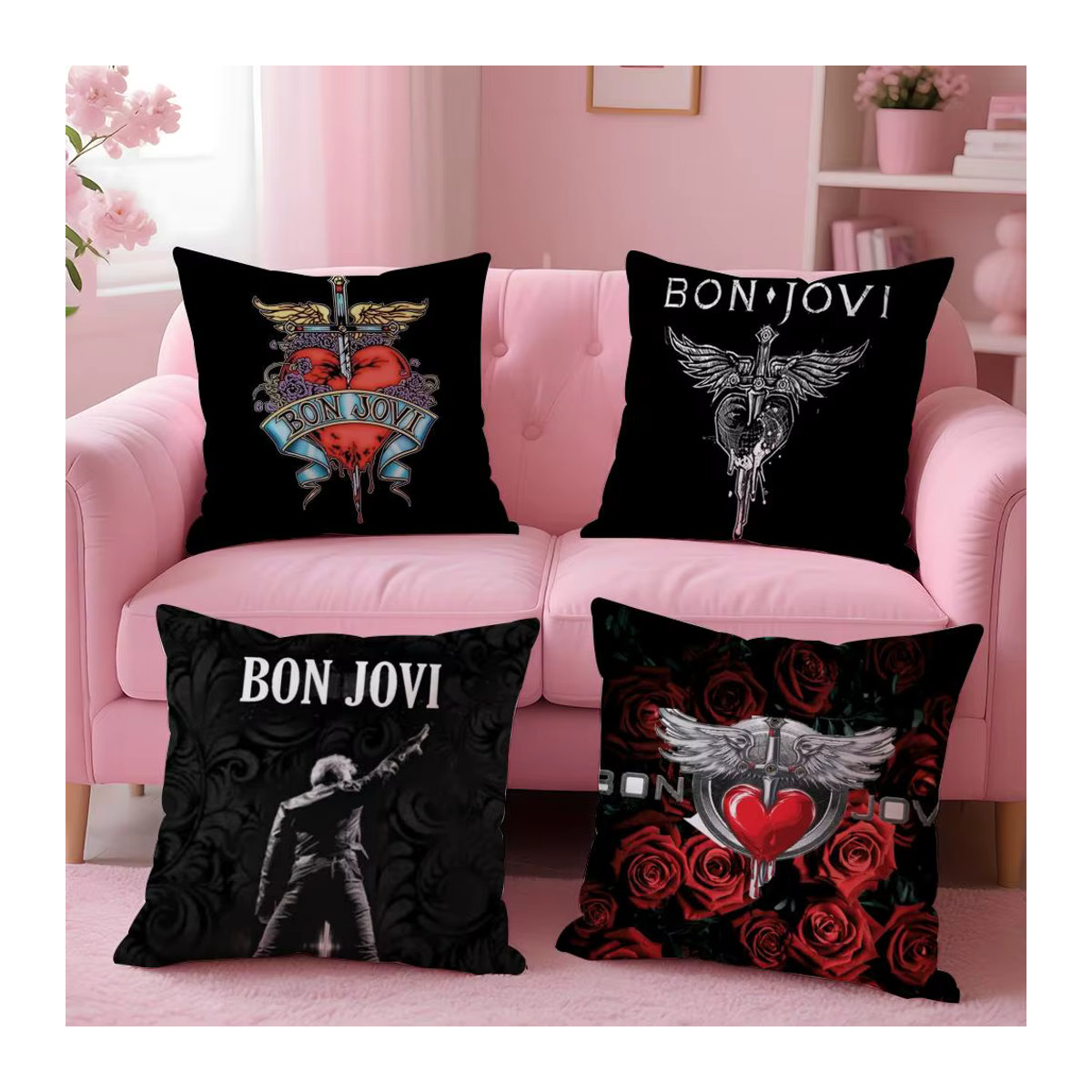 B-Bon J-Jovi Band Kissenbezug aus weichem Kurzplüsch in Schwarz und Weiß mit doppelseitigem Druck - Bild 2