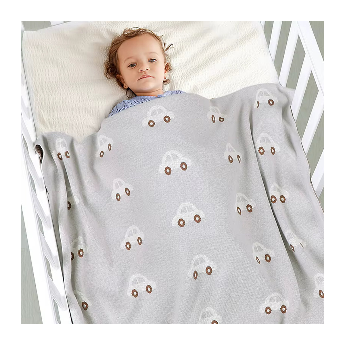 Baby Decke aus Baumwolle in Strickoptik mit niedlichem Cartoon-Auto-Muster für Mädchen und Jungen, B/B/H: 100 x 80 cm - Bild 2