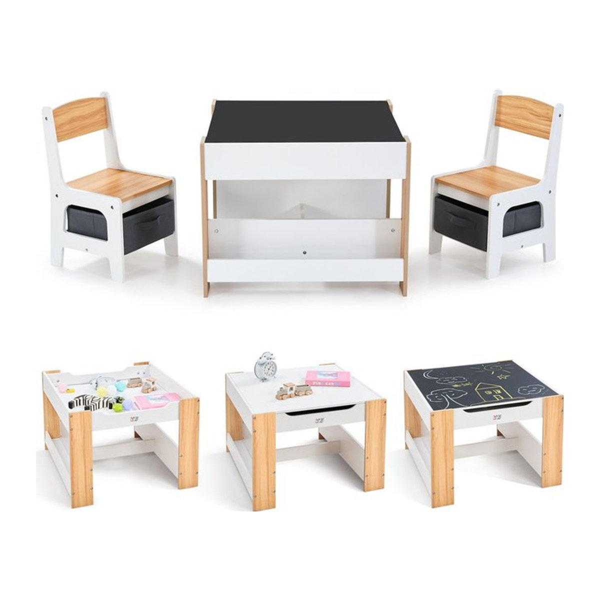 Baby Vivo Kindersitzgruppe Mia aus Holz mit multifunktionalem Tisch und 2 Stühlen in Weiß - Bild 1