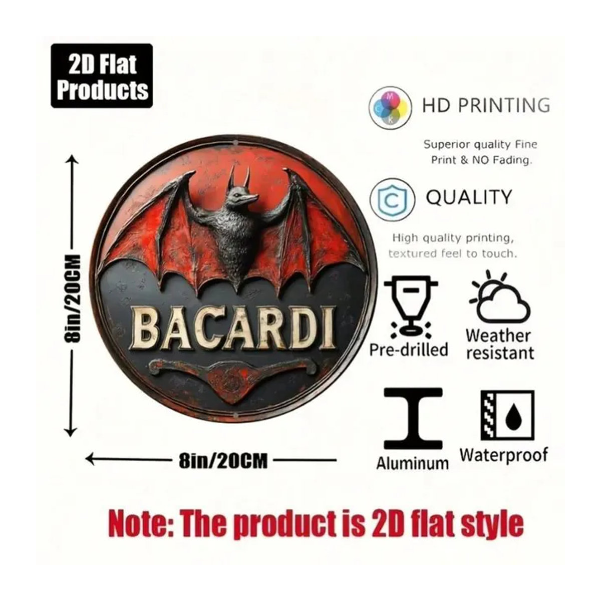 Bacardi Logo Runde Aluminiumplakette Metallschild Wandkunst für Bar und Heimdekoration Schwarz Durchmesser: 20 cm - Bild 1