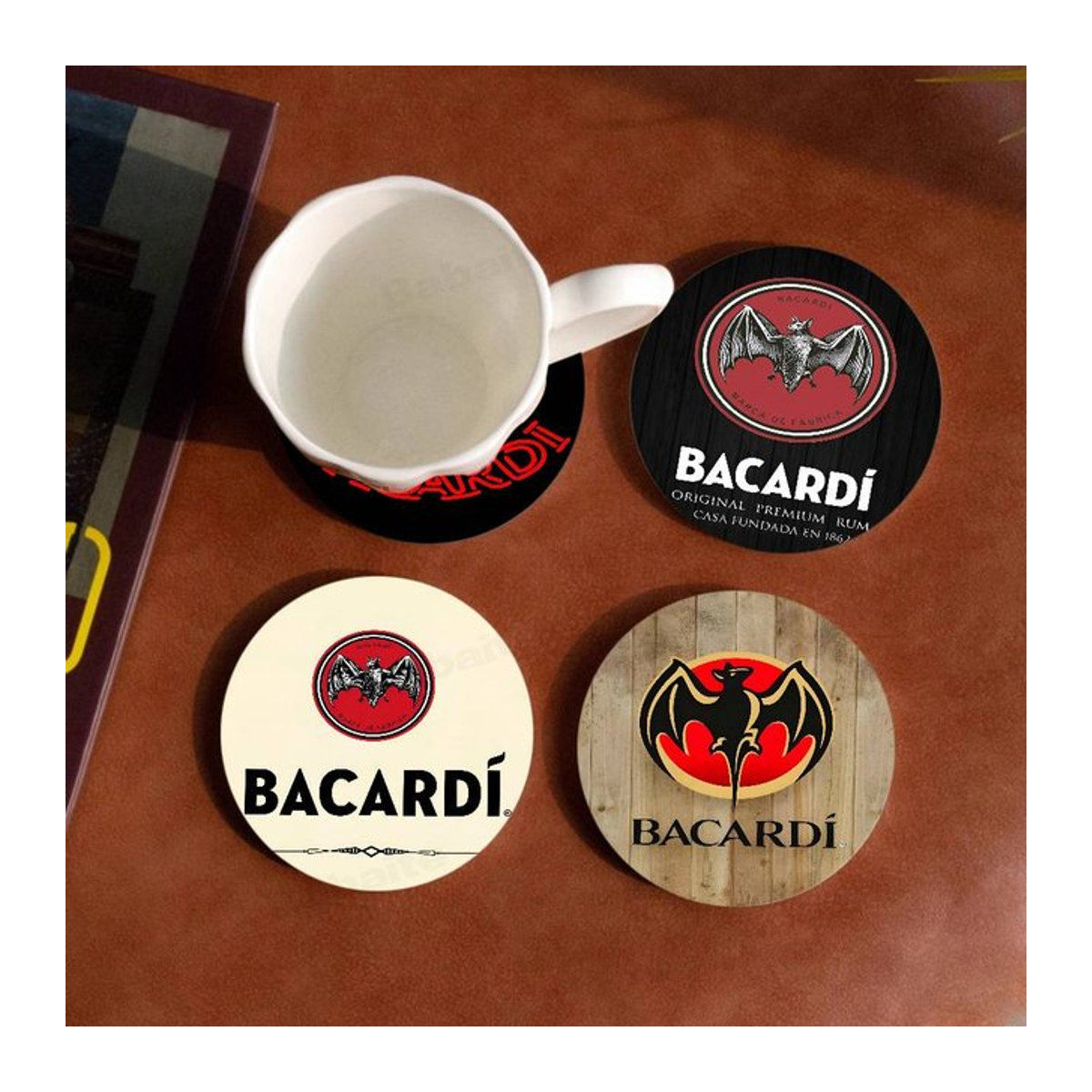 Bacardi Rum Vampir-Fledermaus Holzuntersetzer rund, mehrfarbig - Bild 1