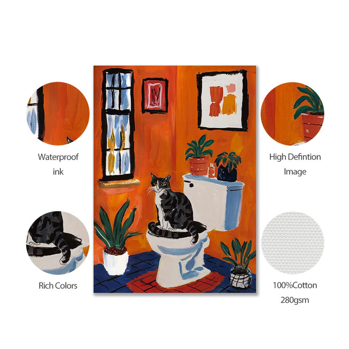 Bad Katze Matisse Poster Lustige Leinwandmalerei Orange mit Tier-Motiv für Badezimmer und Toilette - Bild 3