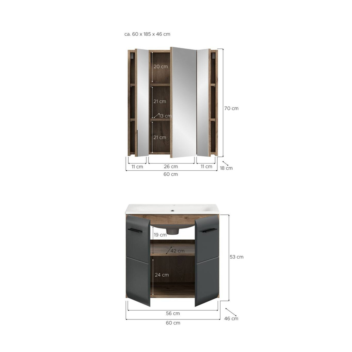 Badezimmer-Set xonox.home Ice Nox Oak Nachbildung Schwarz Matt mit Spiegel und Wandmontage B/H/T: 60 x 185 x 46 cm - Bild 1