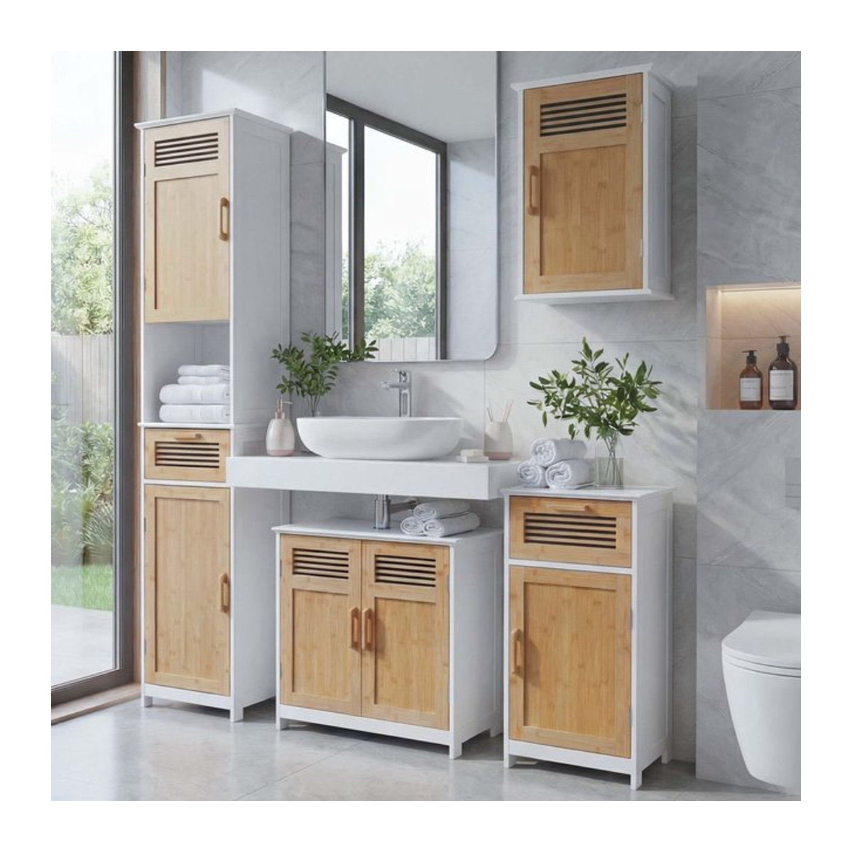 Badezimmerset MCW-A85 aus Bambus in Weiß, bestehend aus Hochschrank, Waschbeckenunterschrank, Hängeschrank und Kommode im modernen Design - Bild 1