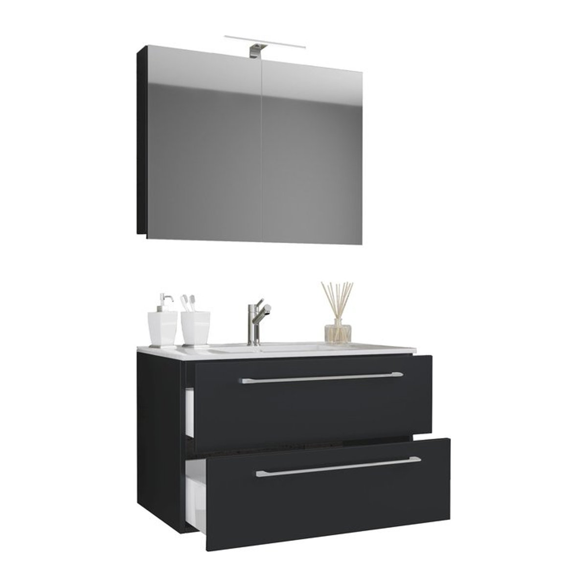 Badinos 3-tlg. Badmöbel Set hängend in Schwarz mit Waschtisch Unterschrank und Spiegelschrank B/H/T: 60 x 116 x 46 cm - Bild 1