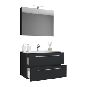 Badinos 3-tlg. Badmöbel Set hängend in Schwarz mit Waschtisch Unterschrank und Spiegelschrank B/H/T: 60 x 116 x 46 cm