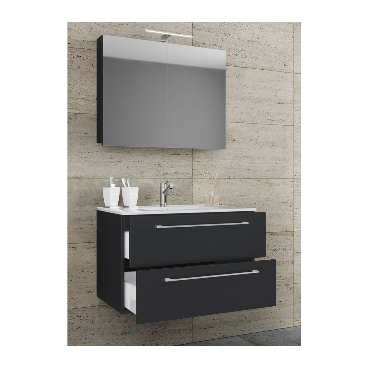 Badinos 3-tlg. Badmöbel Set hängend in Schwarz mit Waschtisch Unterschrank und Spiegelschrank B/H/T: 60 x 116 x 46 cm - Bild 2