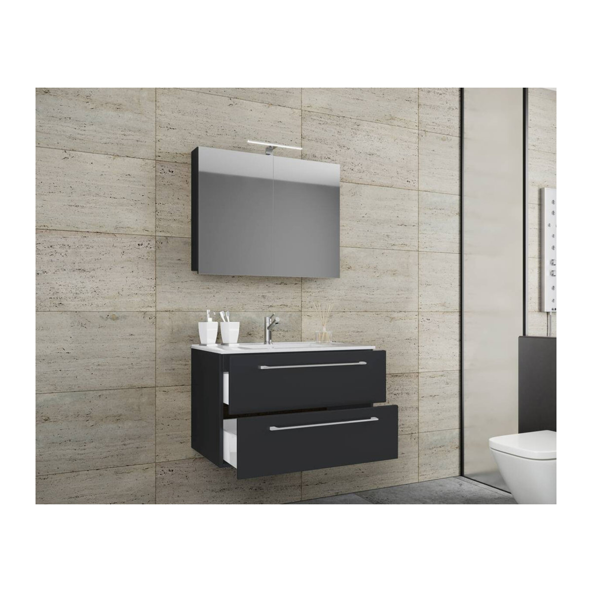 Badinos 3-tlg. Badmöbel Set hängend in Schwarz mit Waschtisch Unterschrank und Spiegelschrank B/H/T: 60 x 116 x 46 cm - Bild 3