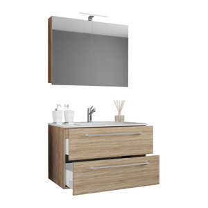 Badinos 3-tlg. Badmöbel-Set Modern in Eiche Natur Braun mit Keramik-Waschbecken, Spiegelschrank und Unterschrank mit Drehtüren, Wandmontage, B/H/T: 60 x 109 x 46 cm