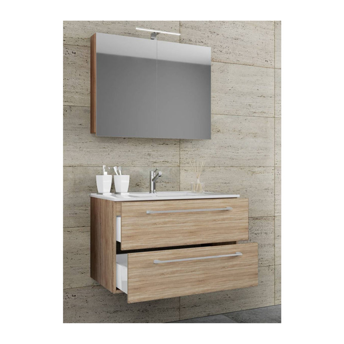Badinos 3-tlg. Badmöbel-Set Modern in Eiche Natur Braun mit Keramik-Waschbecken, Spiegelschrank und Unterschrank mit Drehtüren, Wandmontage, B/H/T: 60 x 109 x 46 cm - Bild 2