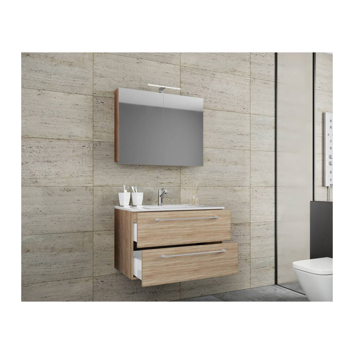 Badinos 3-tlg. Badmöbel-Set Modern in Eiche Natur Braun mit Keramik-Waschbecken, Spiegelschrank und Unterschrank mit Drehtüren, Wandmontage, B/H/T: 60 x 109 x 46 cm - Bild 3