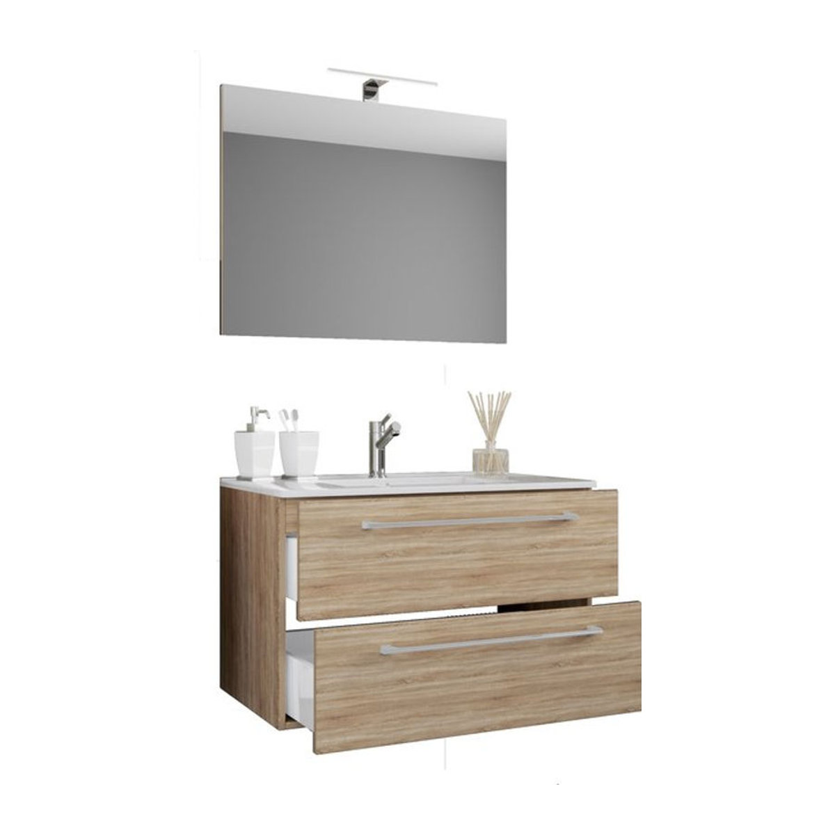 Badinos 3-tlg. Badmöbel-Set modern in Eiche Sonoma und Weiß mit Keramik-Waschtisch und Glasspiegel, Wandmontage, B/H/T: 60 x 50 x 46 cm - Bild 1