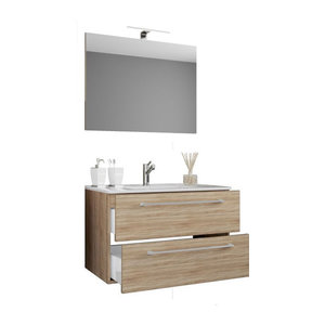 Badinos 3-tlg. Badmöbel-Set modern in Eiche Sonoma und Weiß mit Keramik-Waschtisch und Glasspiegel, Wandmontage, B/H/T: 60 x 50 x 46 cm