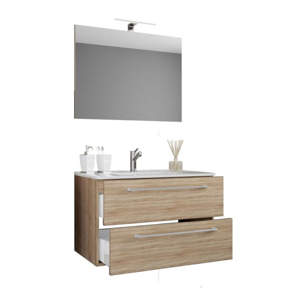 Badinos 3-tlg. Badmöbel-Set modern in Eiche Sonoma und Weiß mit Keramik-Waschtisch und Glasspiegel, Wandmontage, B/H/T: 60 x 50 x 46 cm - Bild 2