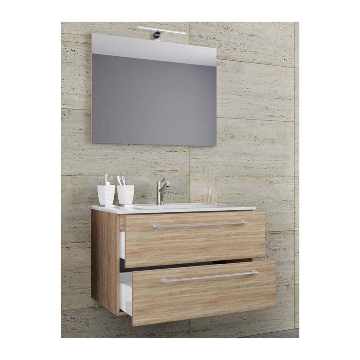 Badinos 3-tlg. Badmöbel-Set modern in Eiche Sonoma und Weiß mit Keramik-Waschtisch und Glasspiegel, Wandmontage, B/H/T: 60 x 50 x 46 cm - Bild 3