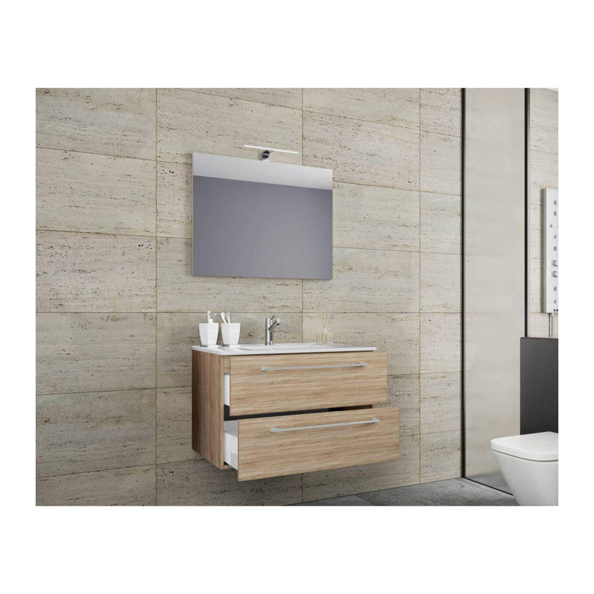 Badinos 3-tlg. Badmöbel-Set modern in Eiche Sonoma und Weiß mit Keramik-Waschtisch und Glasspiegel, Wandmontage, B/H/T: 60 x 50 x 46 cm - Bild 4