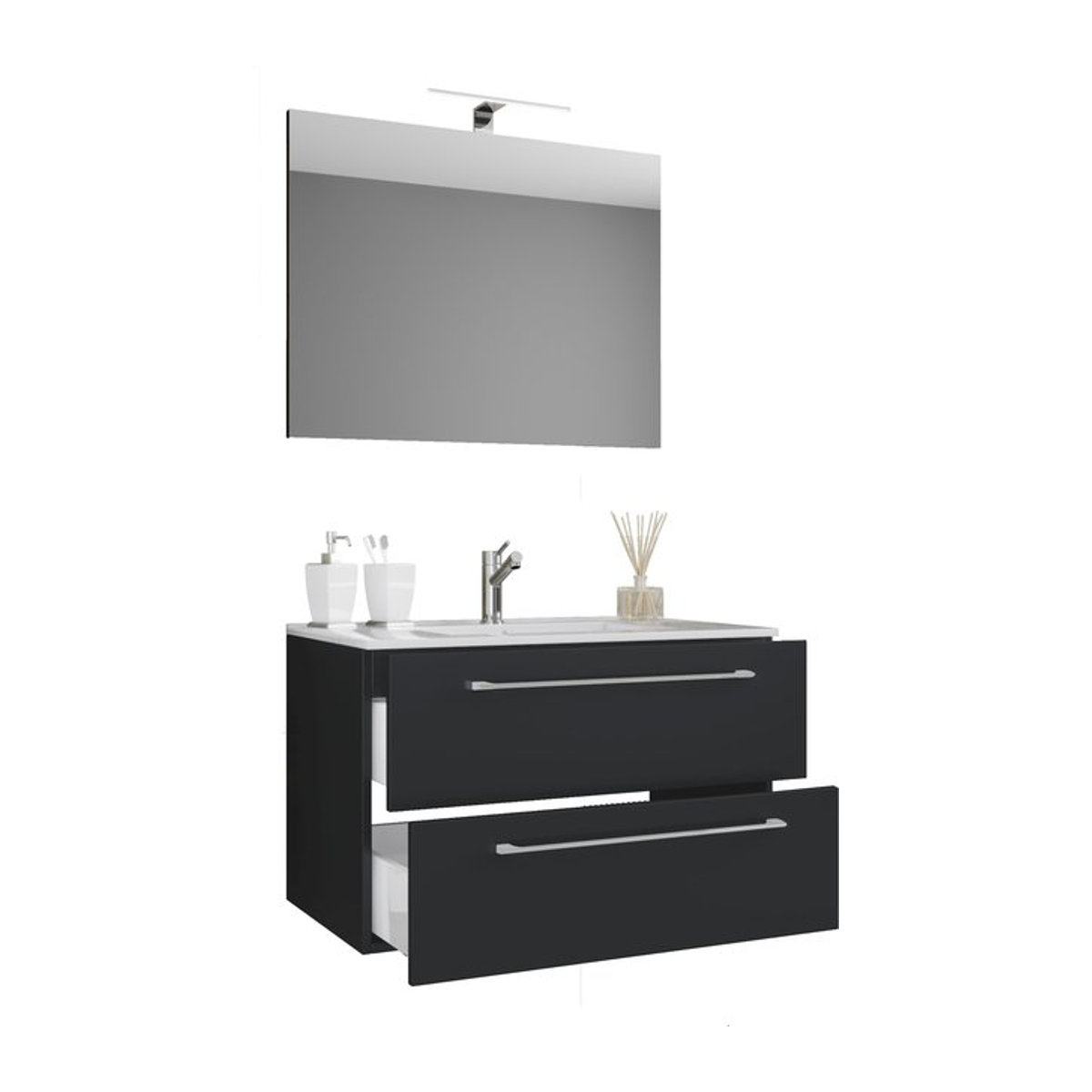 Badinos 3-tlg. Badmöbel-Set modern in Weiß und Schwarz mit Keramik-Waschbecken, Unterschrank und Spiegel, Wandmontage, B/H/T: 60 x 50 x 46 cm - Bild 1