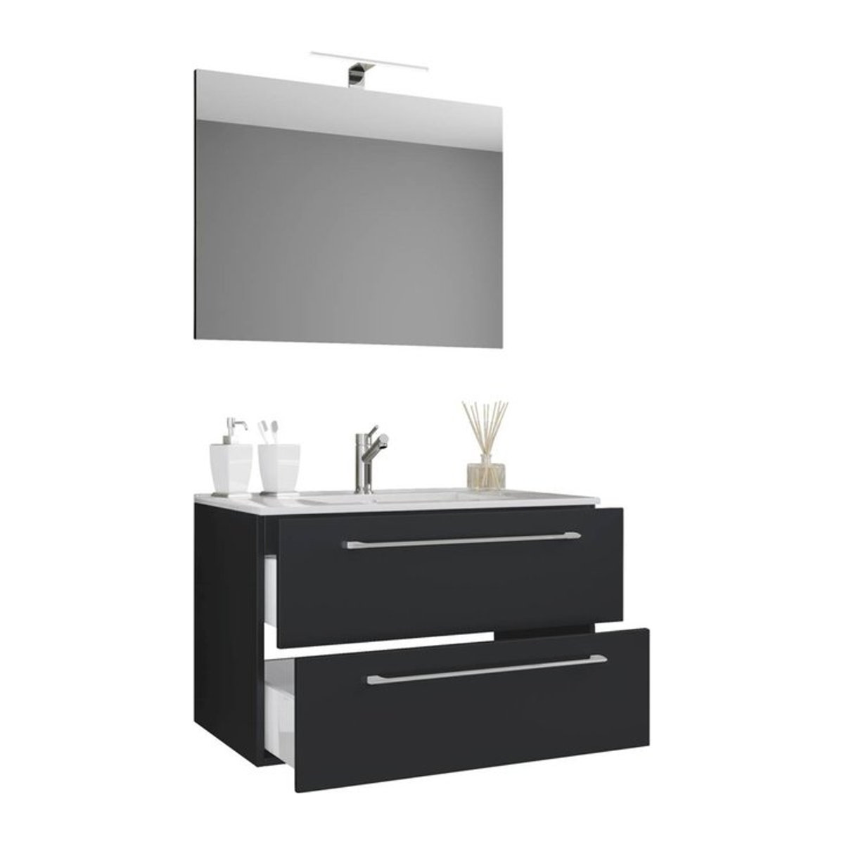 Badinos 3-tlg. Badmöbel-Set modern in Weiß und Schwarz mit Keramik-Waschbecken, Unterschrank und Spiegel, Wandmontage, B/H/T: 60 x 50 x 46 cm - Bild 2