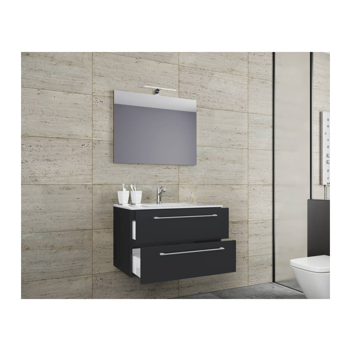 Badinos 3-tlg. Badmöbel-Set modern in Weiß und Schwarz mit Keramik-Waschbecken, Unterschrank und Spiegel, Wandmontage, B/H/T: 60 x 50 x 46 cm - Bild 3