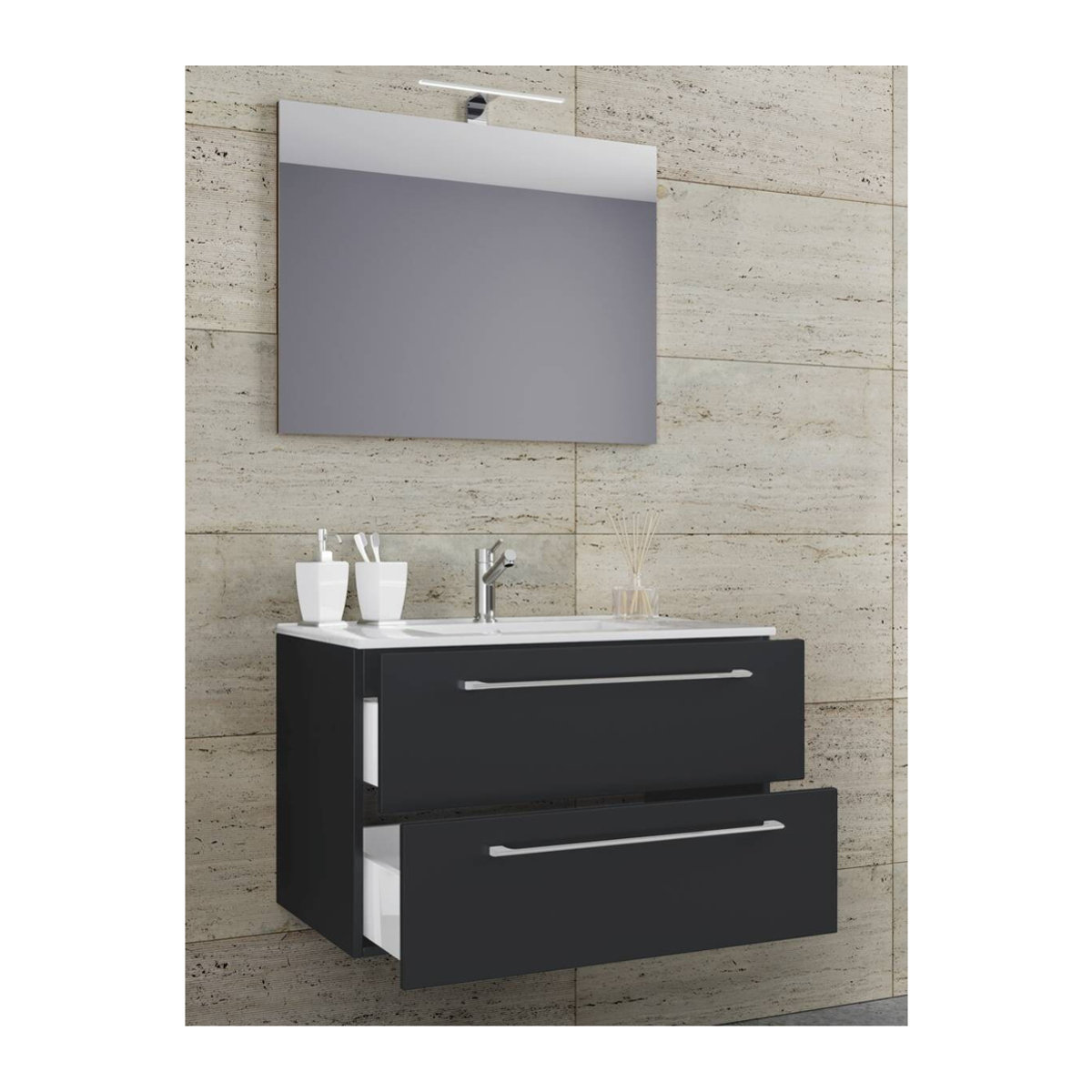 Badinos 3-tlg. Badmöbel-Set modern in Weiß und Schwarz mit Keramik-Waschbecken, Unterschrank und Spiegel, Wandmontage, B/H/T: 60 x 50 x 46 cm - Bild 4