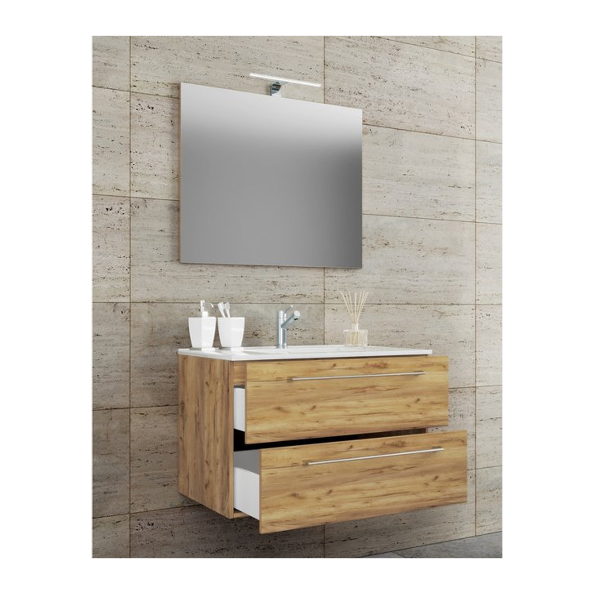 Badinos 3-tlg. Badmöbel-Set Waschplatz mit Unterschrank und Spiegel in Eiche Honig und Weiß, Wandmontage, B/H/T: 61 x 52 x 46 cm - Bild 1