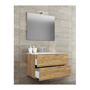Badinos 3-tlg. Badmöbel-Set Waschplatz mit Unterschrank und Spiegel in Eiche Honig und Weiß, Wandmontage, B/H/T: 61 x 52 x 46 cm