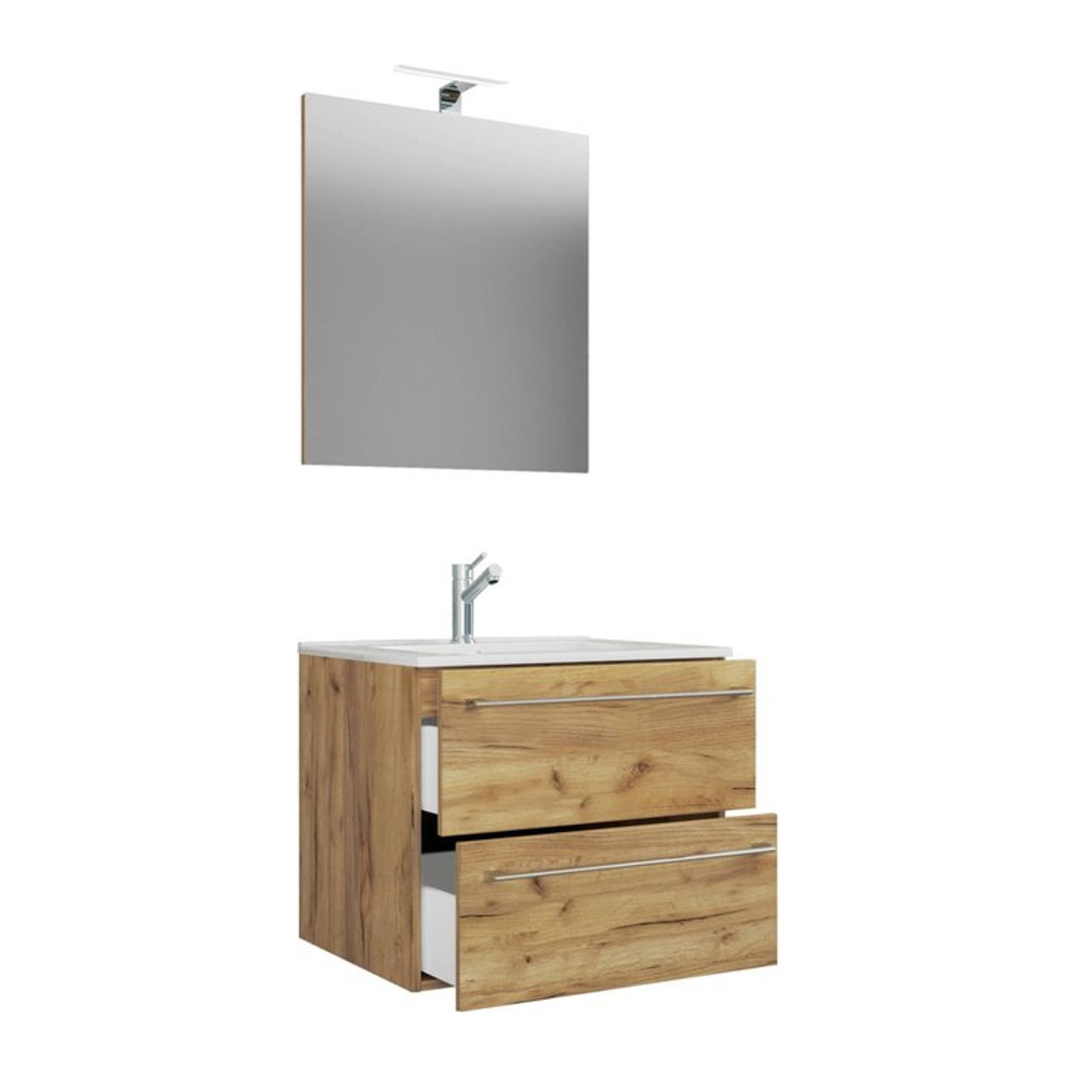 Badinos 3-tlg. Badmöbel-Set Waschplatz mit Unterschrank und Spiegel in Eiche Honig und Weiß, Wandmontage, B/H/T: 61 x 52 x 46 cm - Bild 2